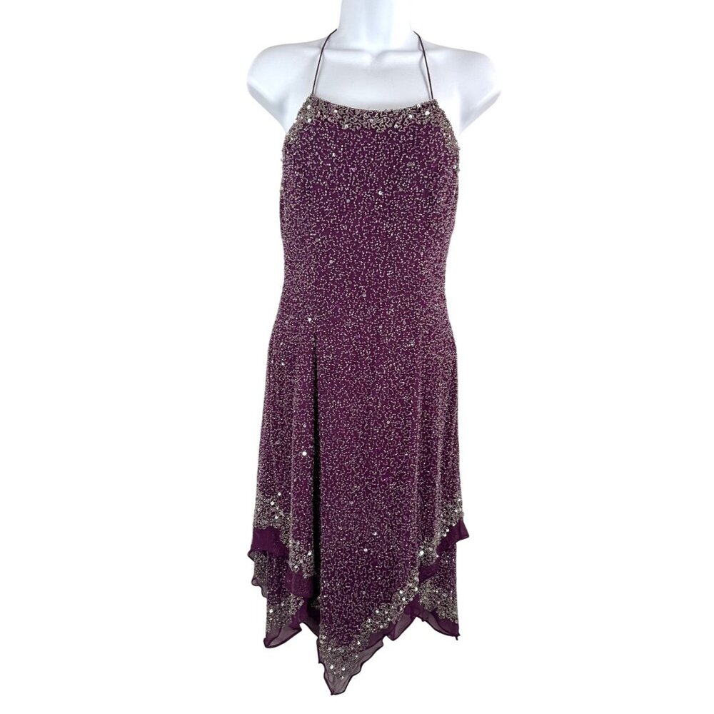 VTG Scala Silk All Sequin mini dress 90s Y2K whimsy‎ goth Purple sz M